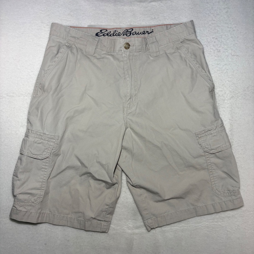 Eddie Bauer Mens Tan Khaki Ripstop Cargo Shorts Size 33 Hiking Outdoor Cotton